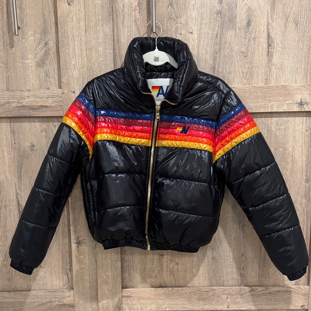 Aviator Nation 5 Stripe Glossy Black Puffer Jacket Size XS